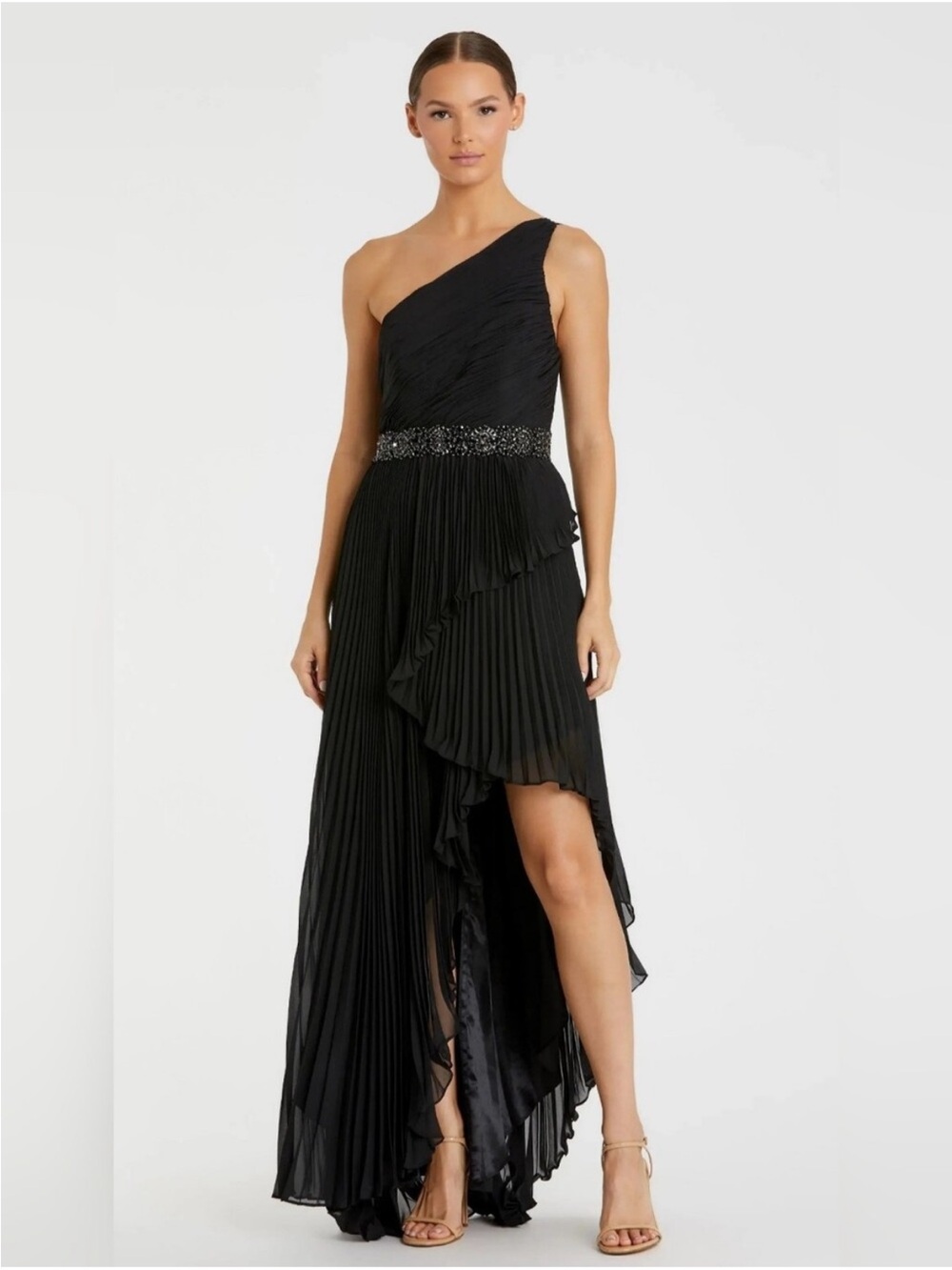 Mac Duggal✨Black One-Shoulder Pleated Chiffon Gown Beaded Waist Dress size 6